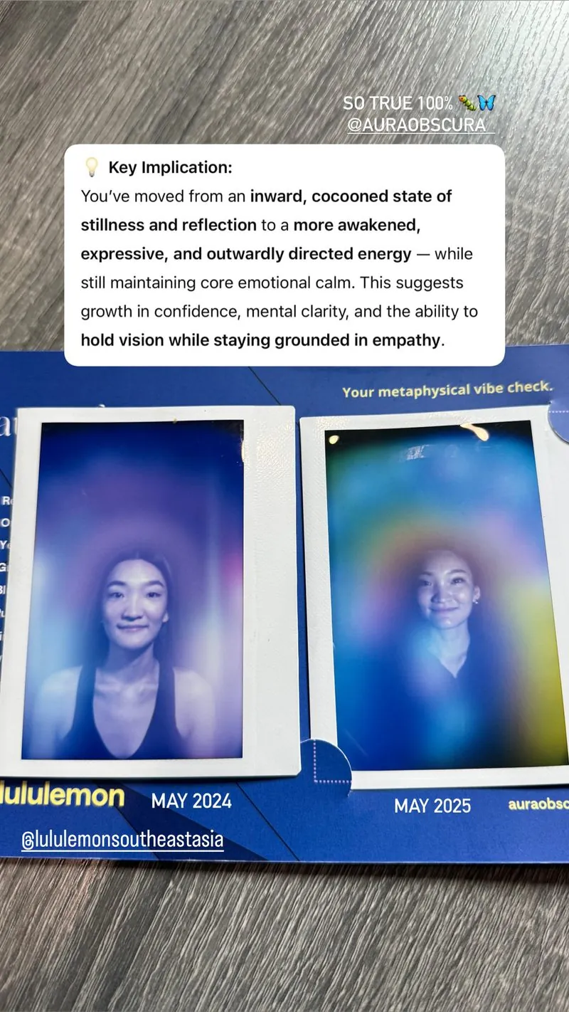 guest's aura portraits one year apart at the lululemon pop-up, shared with the caption so true 100%